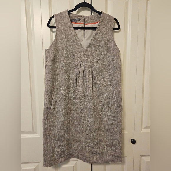 Laura Ashley Beige Tan  Sleeveless V-Neck Sheath Midi Dress 100% Linen, SZ 10 - Picture 1 of 13